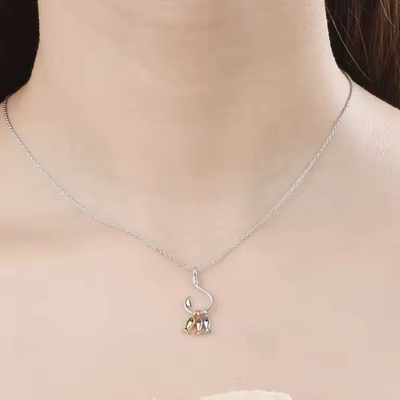 925 Sterling Silver Boho Minimalist Tri Metal Color Fish On A Hook Necklace - Picture 9 of 11